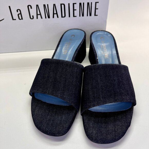 La Canadienne Frida Size 39 Denim Blue Open Toe Block Heel Mule Sandal - Picture 2 of 16